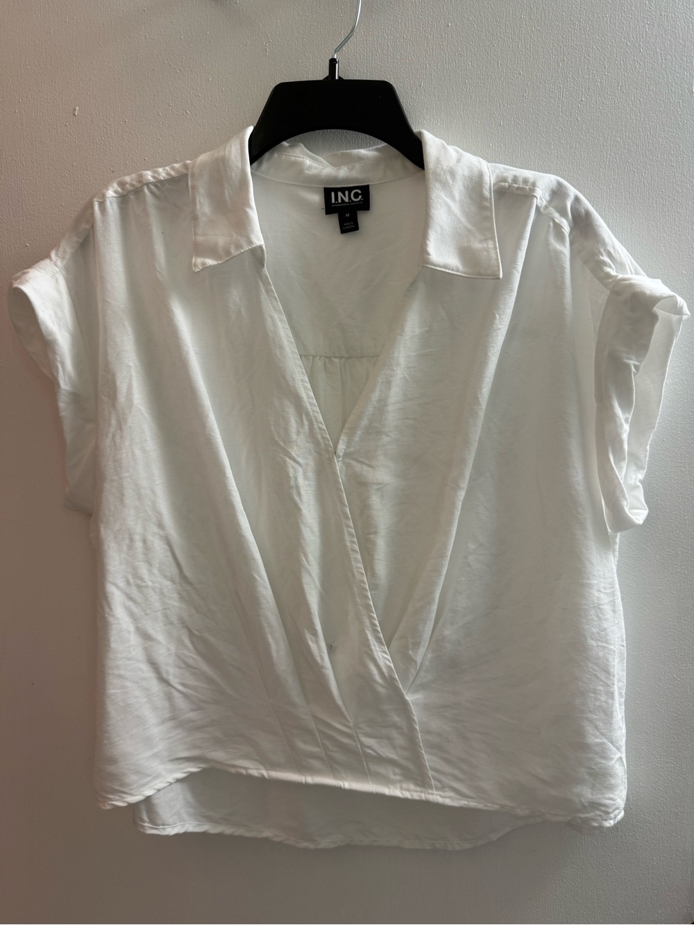 INC International Concepts White Short Sleeve Surplice Collared Blouse